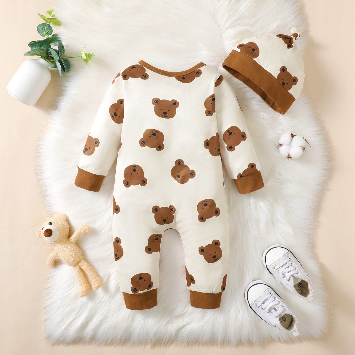 2-piece Baby Boy Allover Bear Printed Long-sleeved Long-leg Romper & Matching Infant Hat