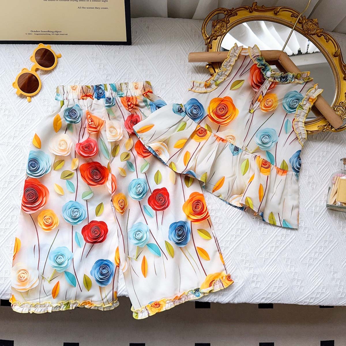 Girls wide leg pants suit summer new children's casual girls vest trousers two-piece suit