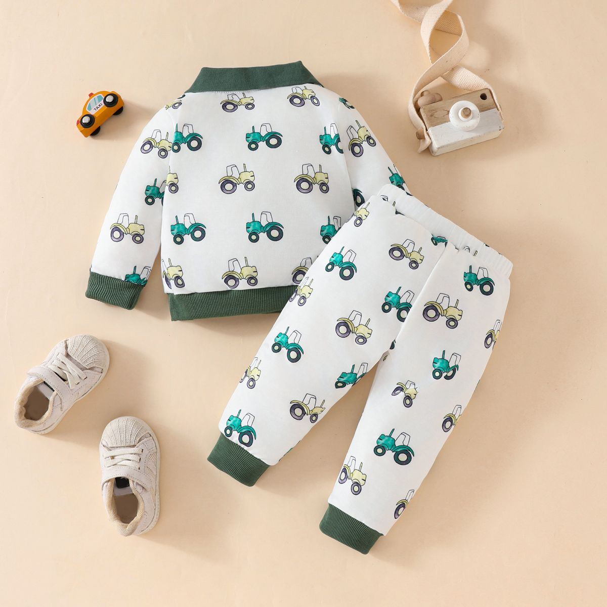 Autumn cartoon flower car full print casual sweatshirt with trousers for girls and boys aged 0-3 years old, cute daily outing sports suit