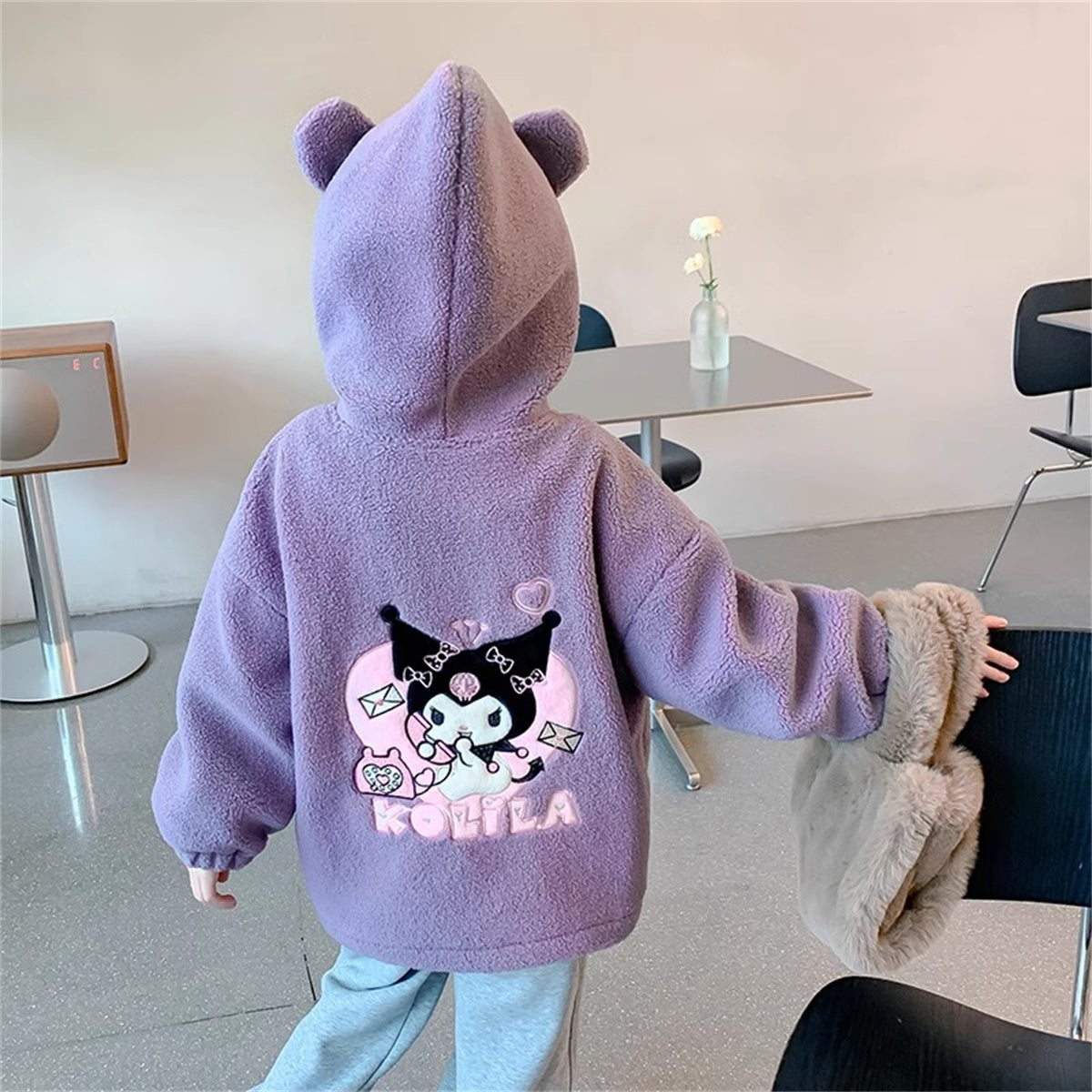 Winter Coulomi pattern plush polar fleece hooded jacket for middle and large kids girls