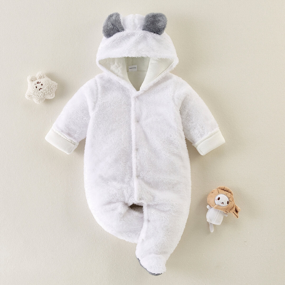 Baby Solid Color Bear Ear Plush Long-sleeved Long-leg Romper