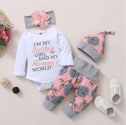 Baby Girl Letter Printed Romper & Floral Pants & Headband With Hat 4 Pcs