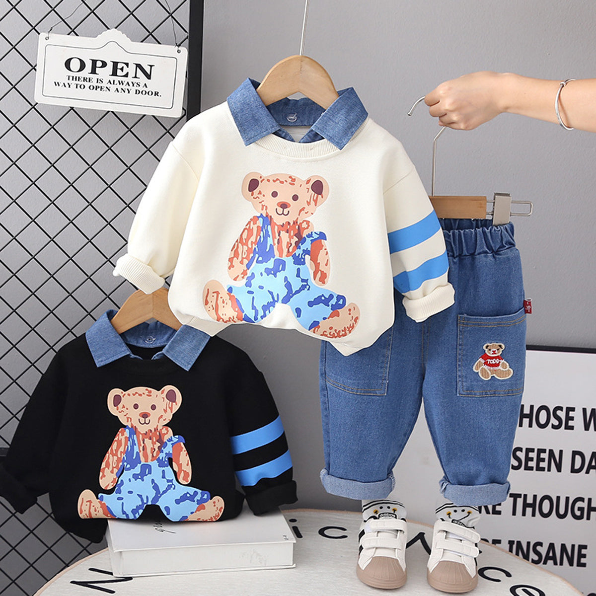 3-piece Toddler Boy Casual Cowboy Bear Print Autumnr Top & Pants With Collar And Take Off