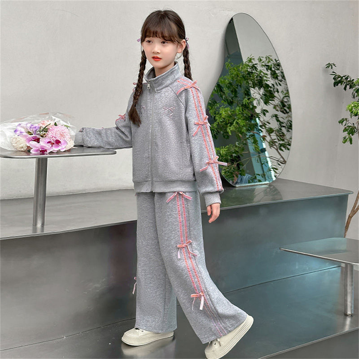 Sports suit children's bow fashionable cardigan fashionable sweatpants two-piece set