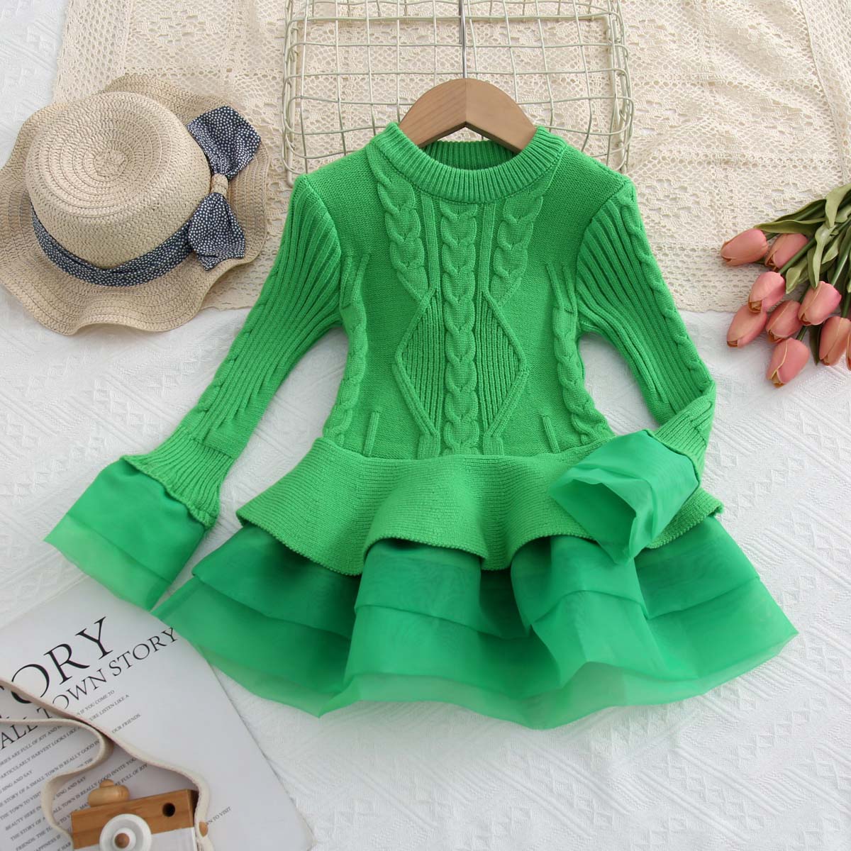 Multicolor Autumn Children's Clothing Knitted Long Sleeve Girls Princess Organza Sweater Dress