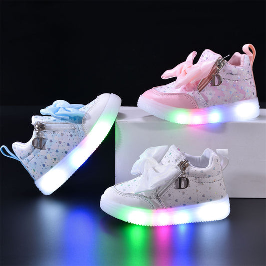 Little girl's spring and autumn bow light-emitting LED sweet princess style soft bottom high top sneakers