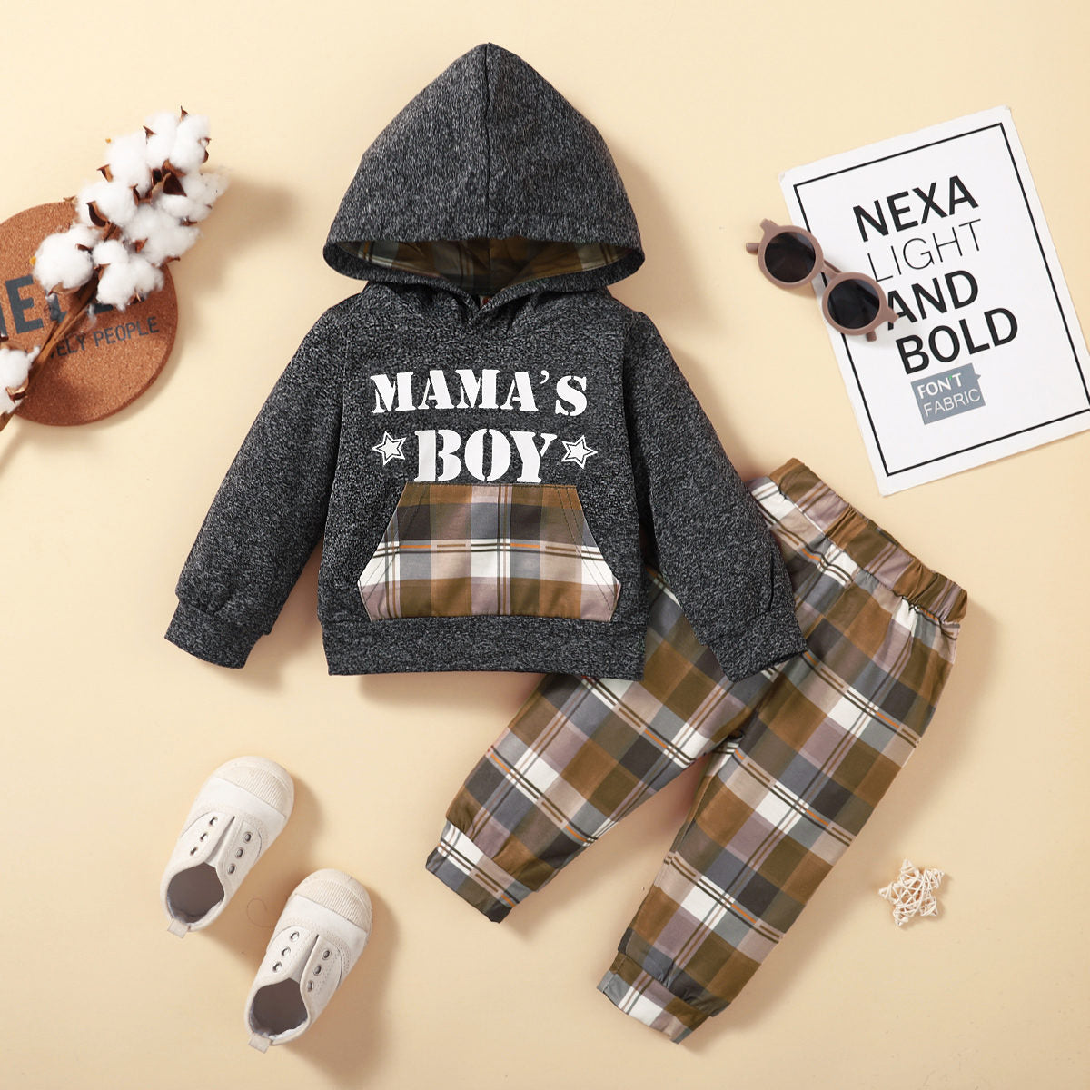 Toddler Boy Letter Pattern Color-block Hoodie & Plaid Print Pants