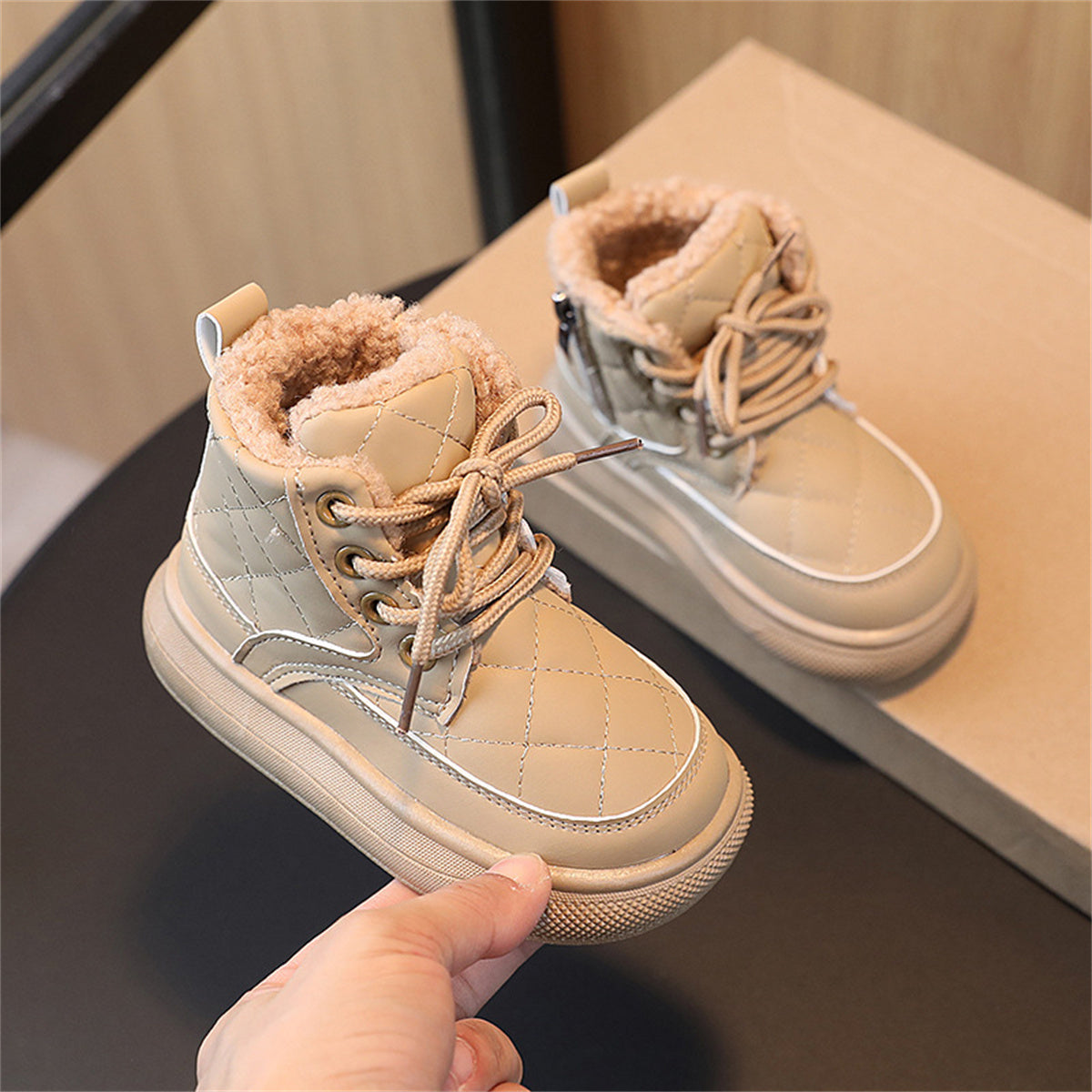 Children's girls' solid color simple British style warm plus velvet fashionable waterproof non-slip high top cotton shoes