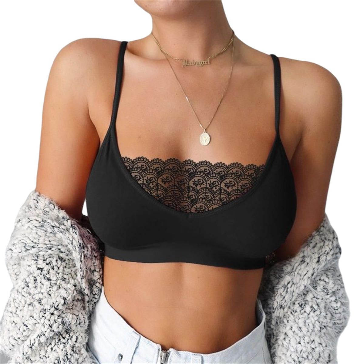 Women's solid color lace suspender bra underwear