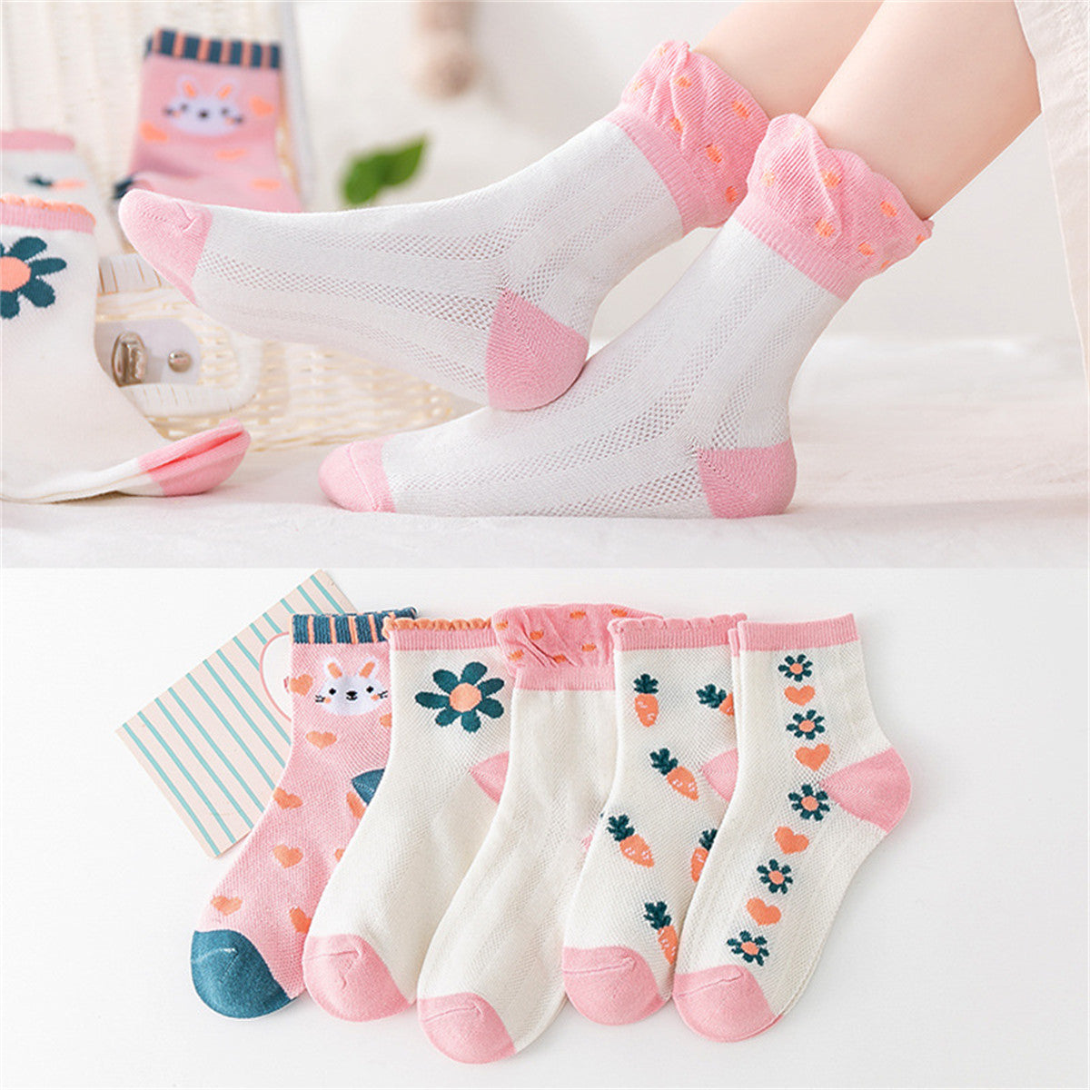 5 pairs, cute summer strawberry bunny socks