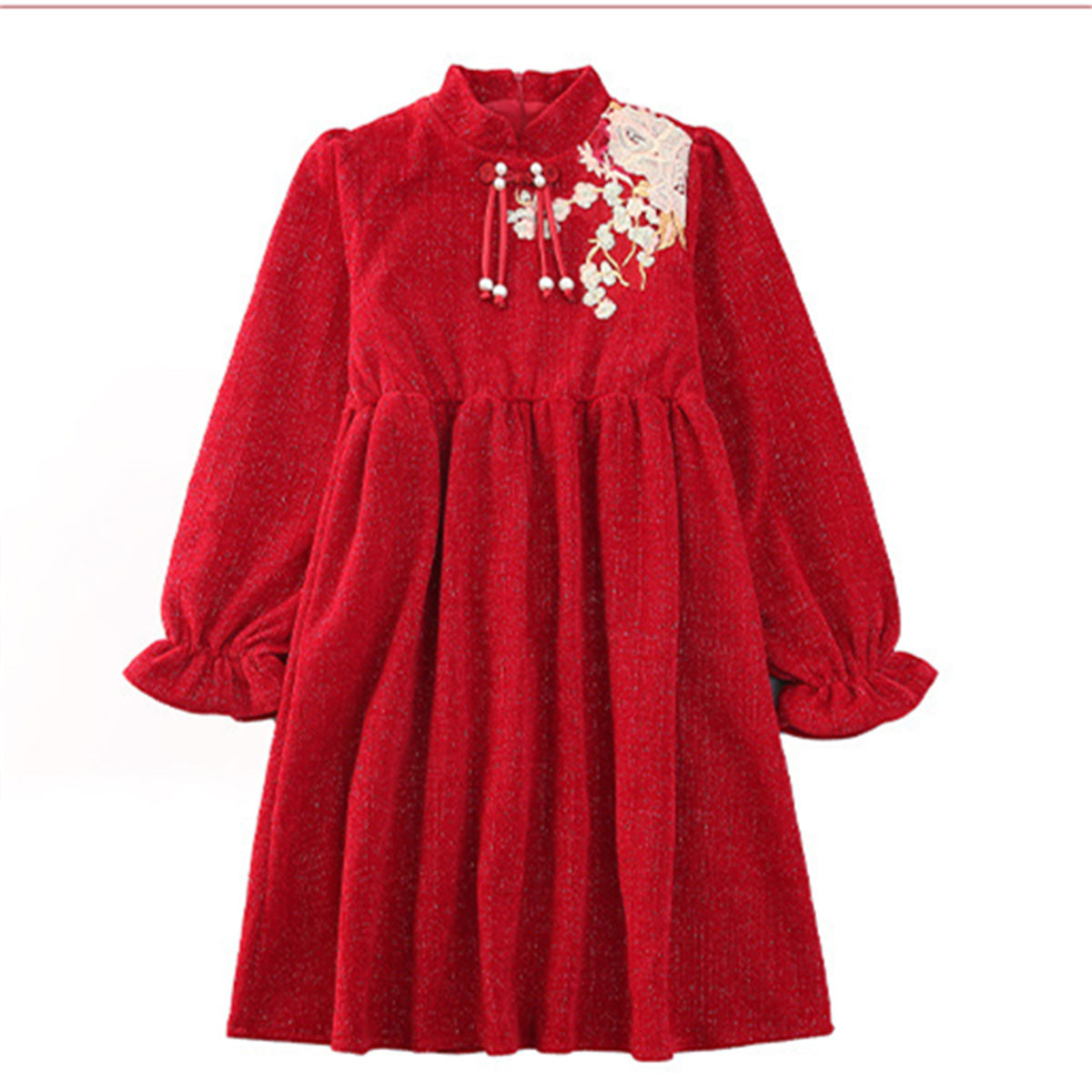 Winter red exquisite embroidered lady-style long-sleeved dress for middle and large girls