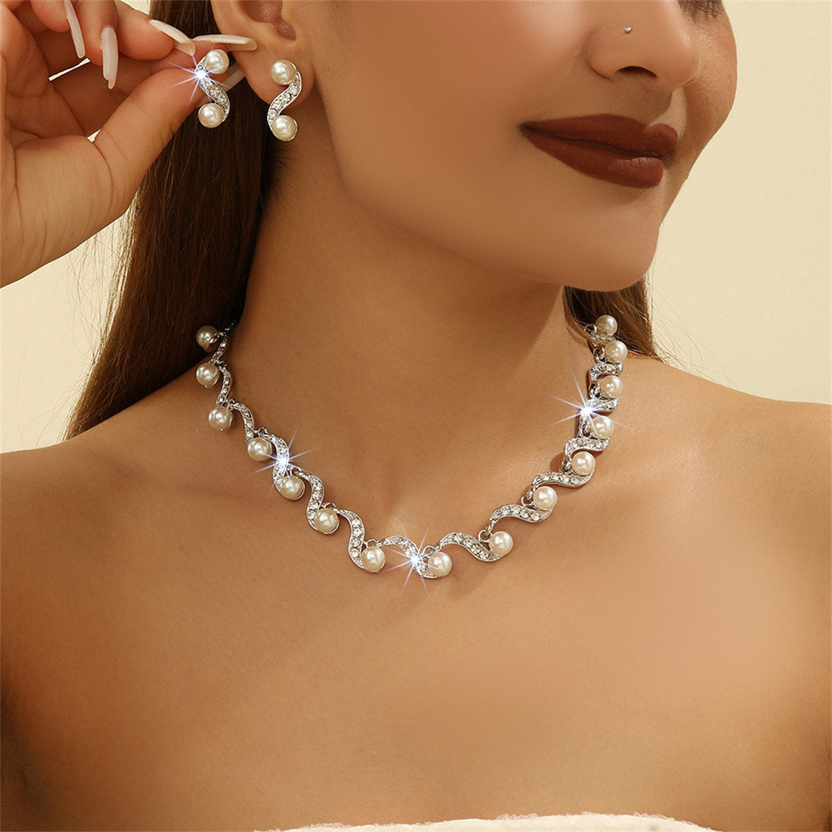 Women's 2-piece vintage elegant style sparkling pearl series bridal wedding accessories jewelry set