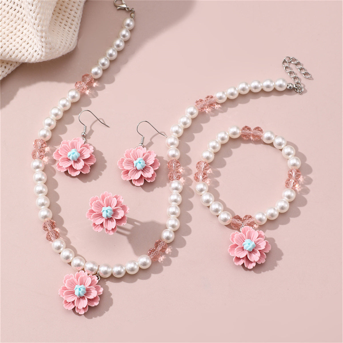 Children's 4-piece design sweet style imitation pearl flower pendant jewelry set