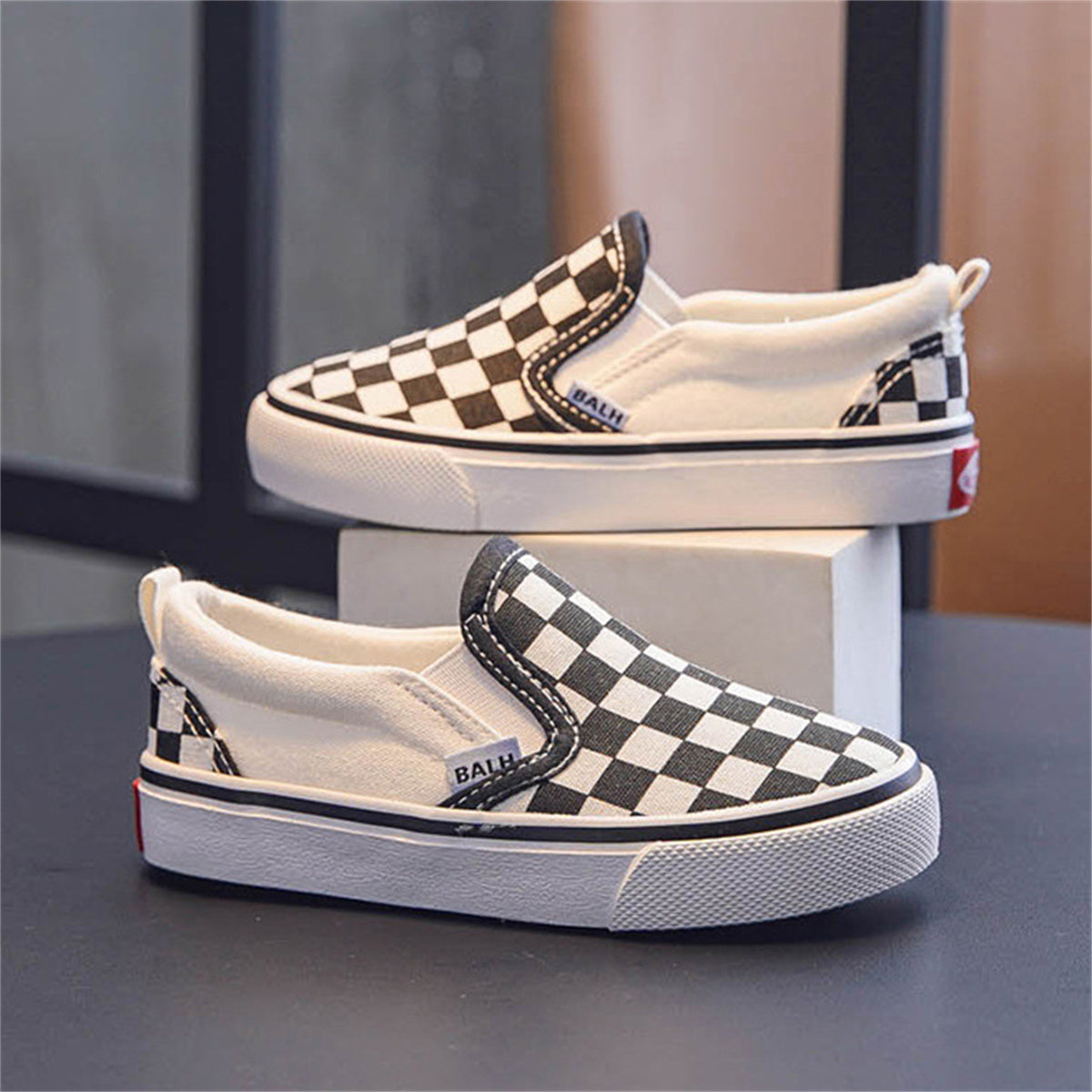 Children's Check Black and White Slip-On Canvas Shoes