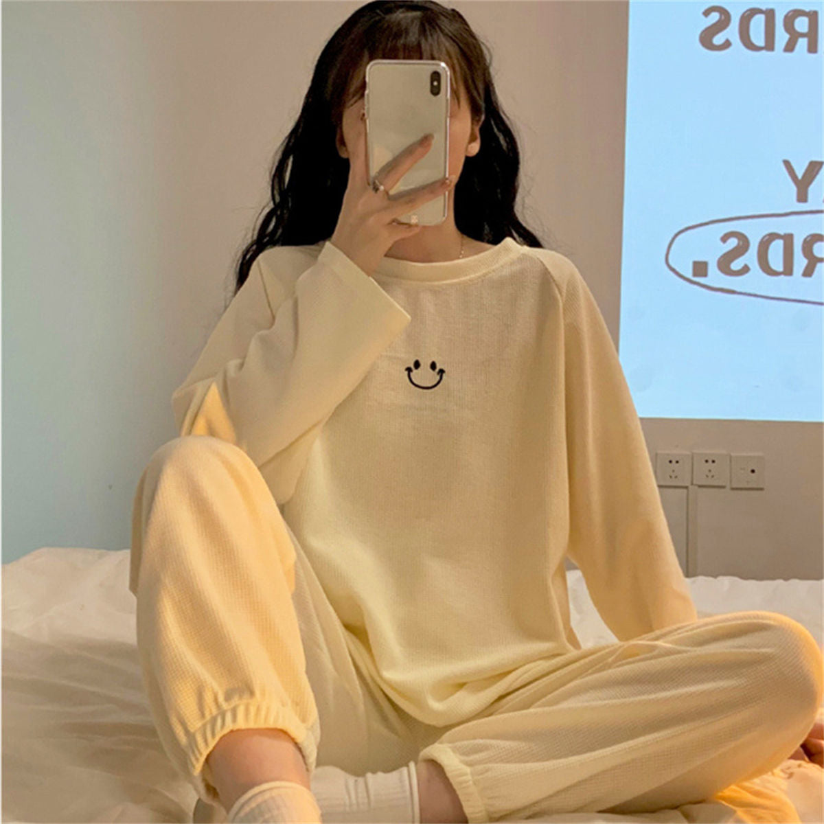 Long-sleeved waffle pajamas sweet girl round neck loose casual home clothes