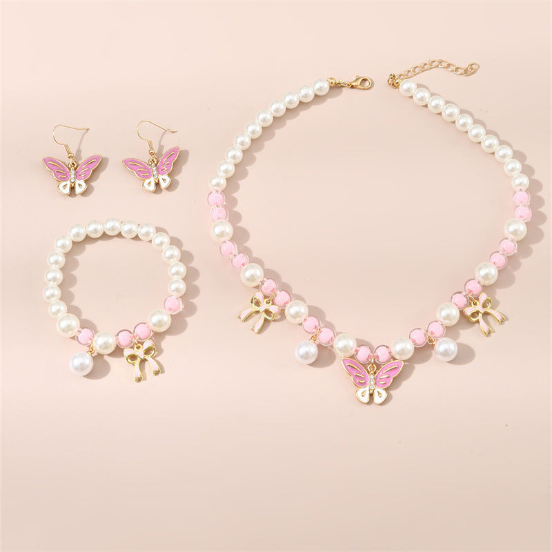 Children's 3-piece sweet pink pearl beaded butterfly pendant jewelry set