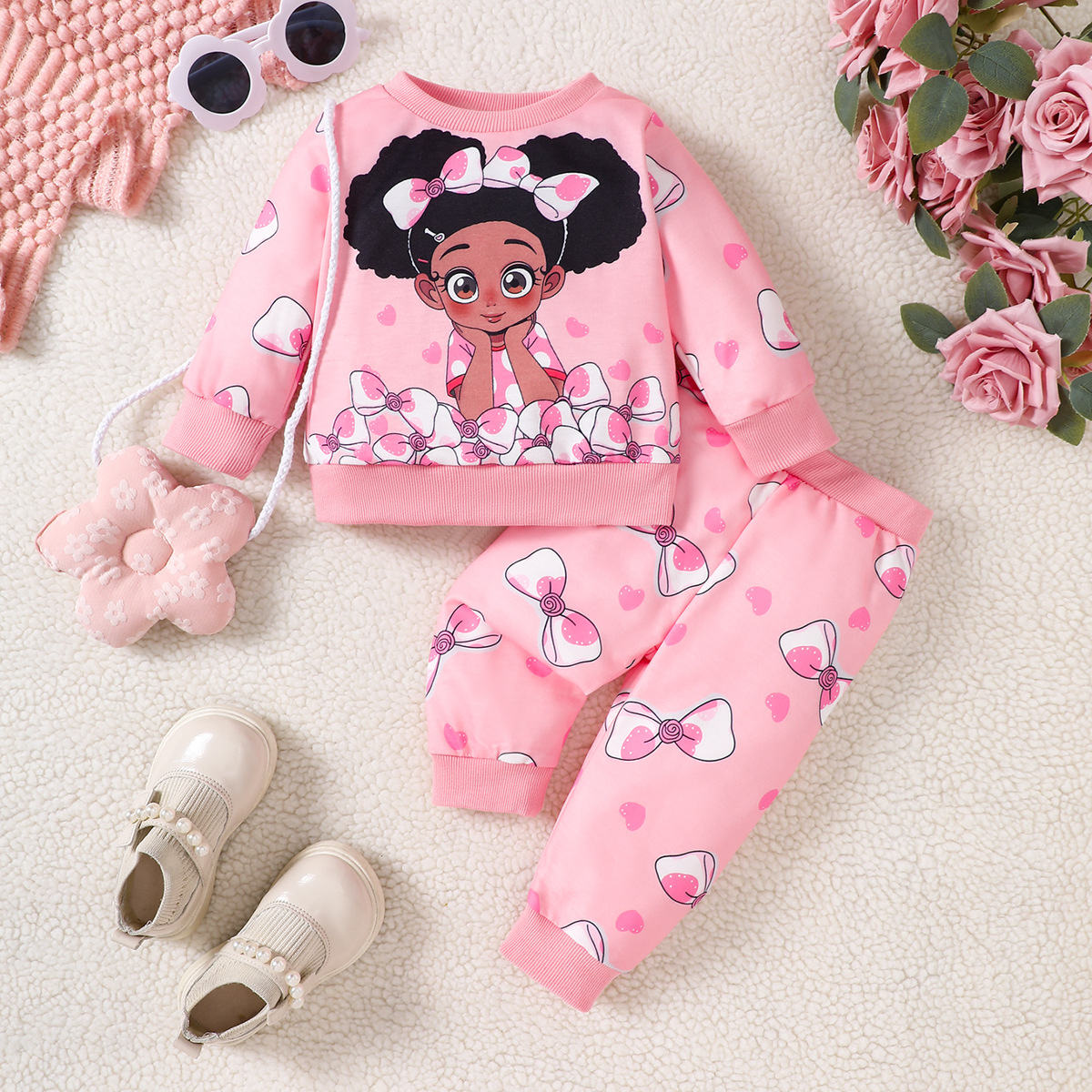 Baby Girl Cartoon Character Bow Heat Transfer Sweatshirt + Bow Print Sweatpants