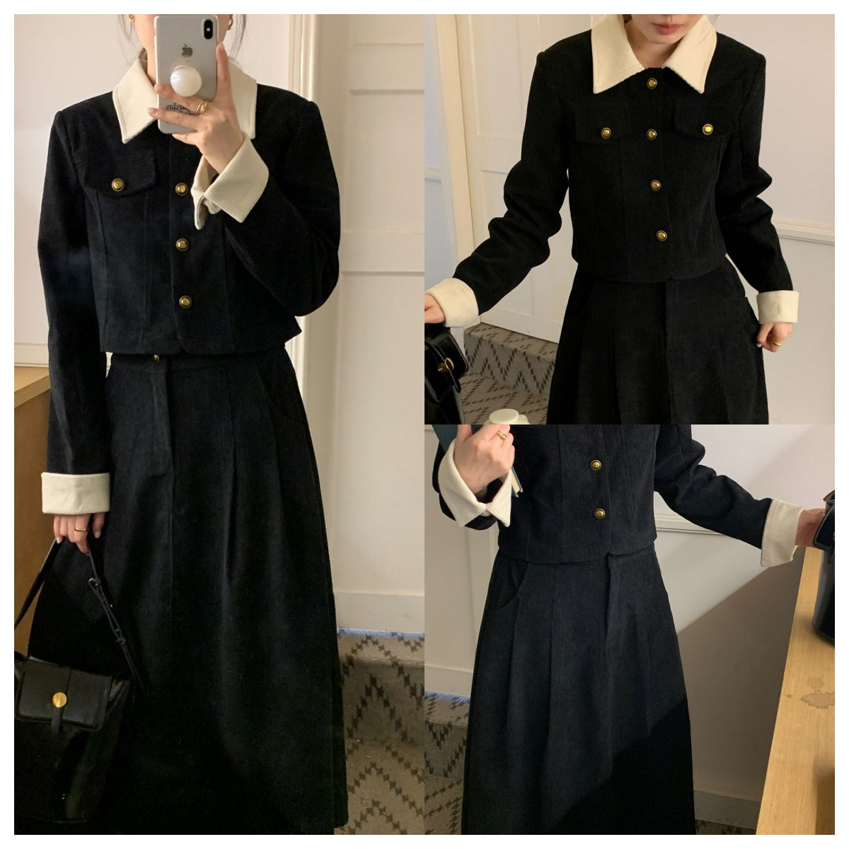 Corduroy contrast lapel short jacket + high waist skirt set