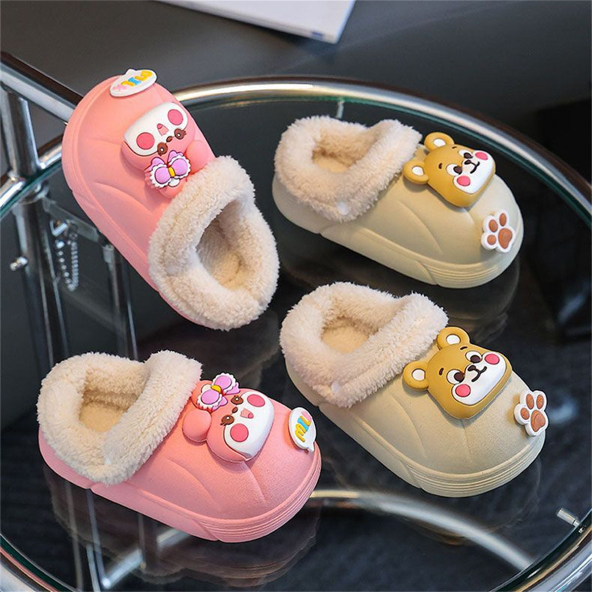 Winter waterproof plush 3D cartoon bear pattern cotton slippers for boys and girls