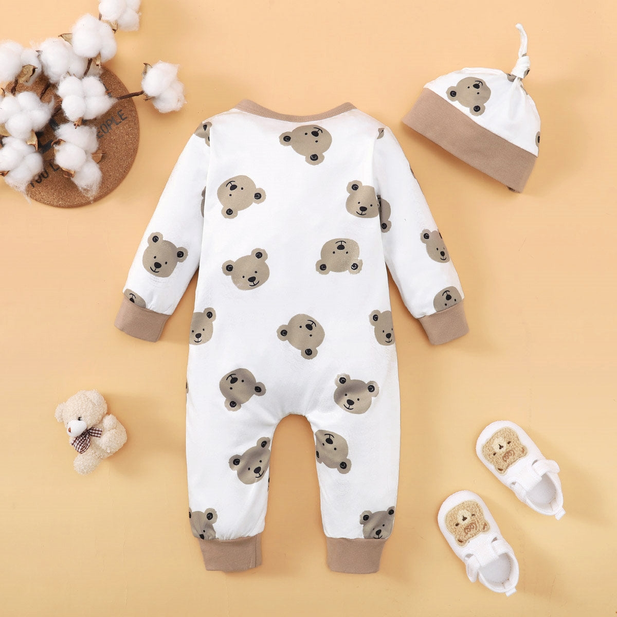 2-piece Baby Boy Allover Bear Printed Long-sleeved Long-leg Romper & Matching Infant Hat