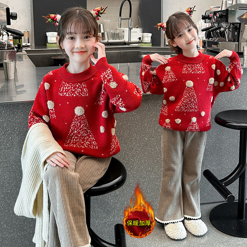 Winter red base sweater plus velvet thickened children's girls knitted sweater