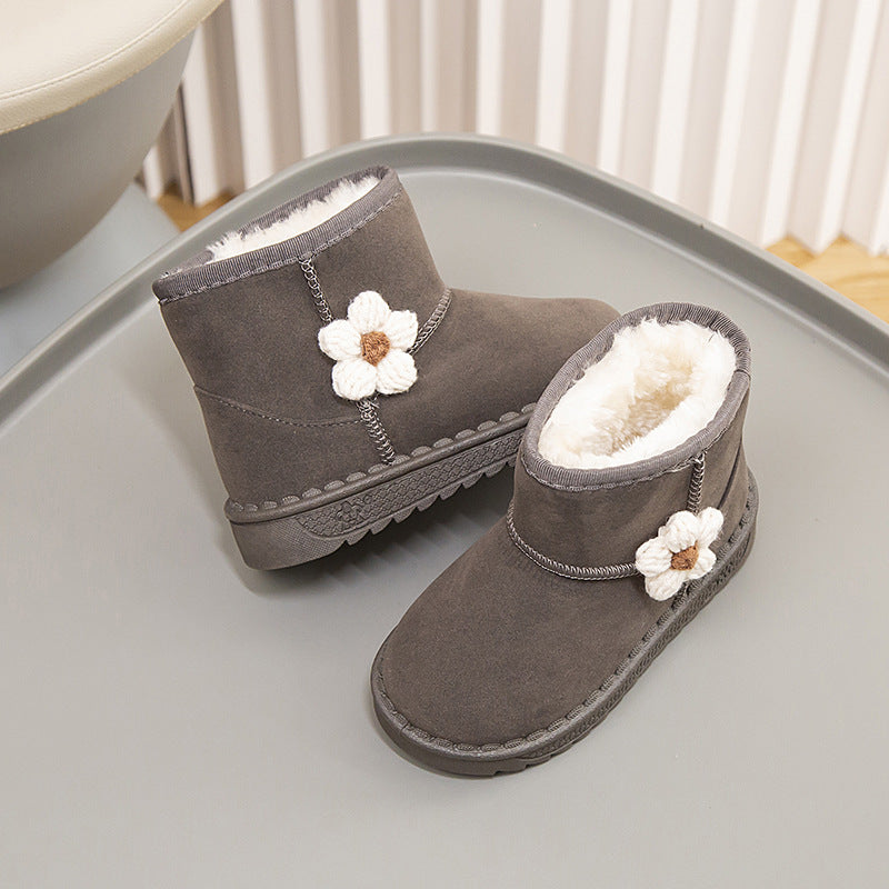 Winter solid color simple flower style warm casual snow boots high top cotton shoes for middle and large children girls