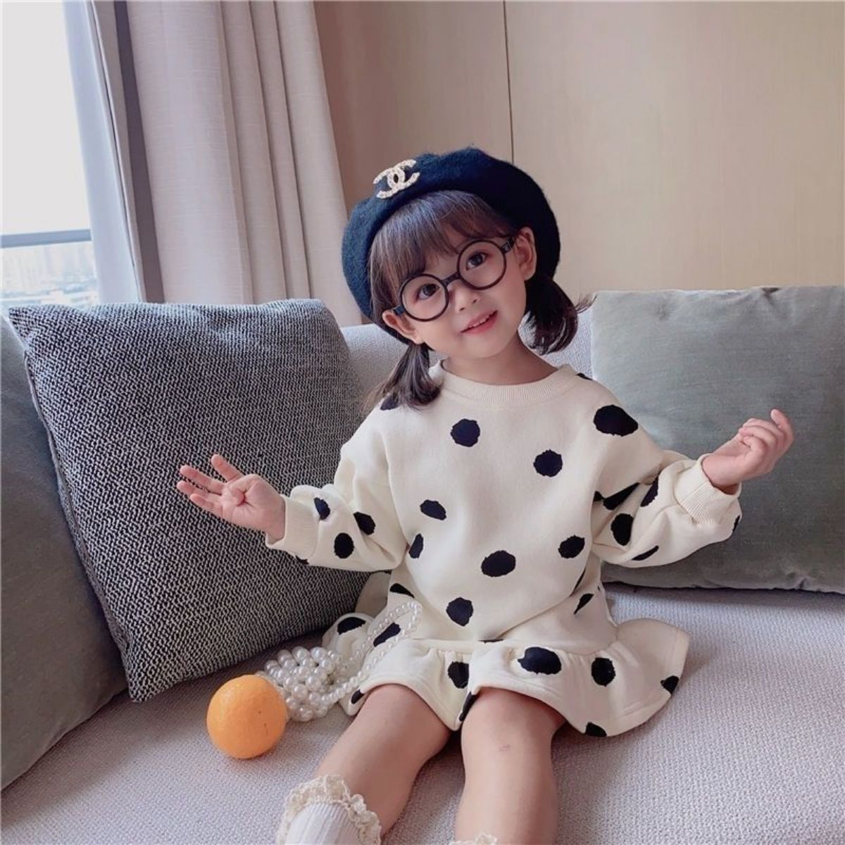 Girls Plush Sweater Dress Autumn and Winter New Children's Clothing Dress Children's Baby Girl Polka Dot Flower Bud Skirt