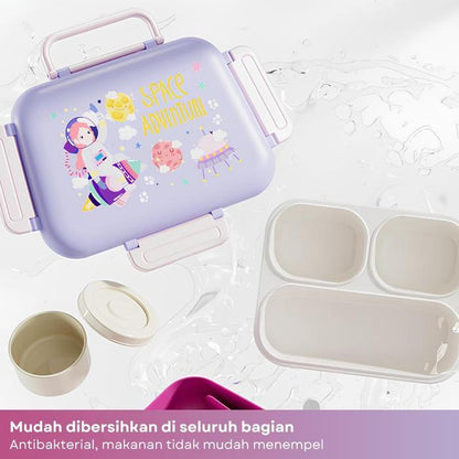 Hibobi Kids 3-Compartment Portable Lunch Box with Handle & Cutlery