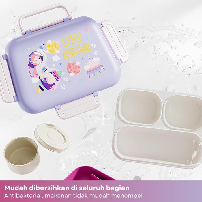 Hibobi Kids 3-Compartment Portable Lunch Box with Handle & Cutlery