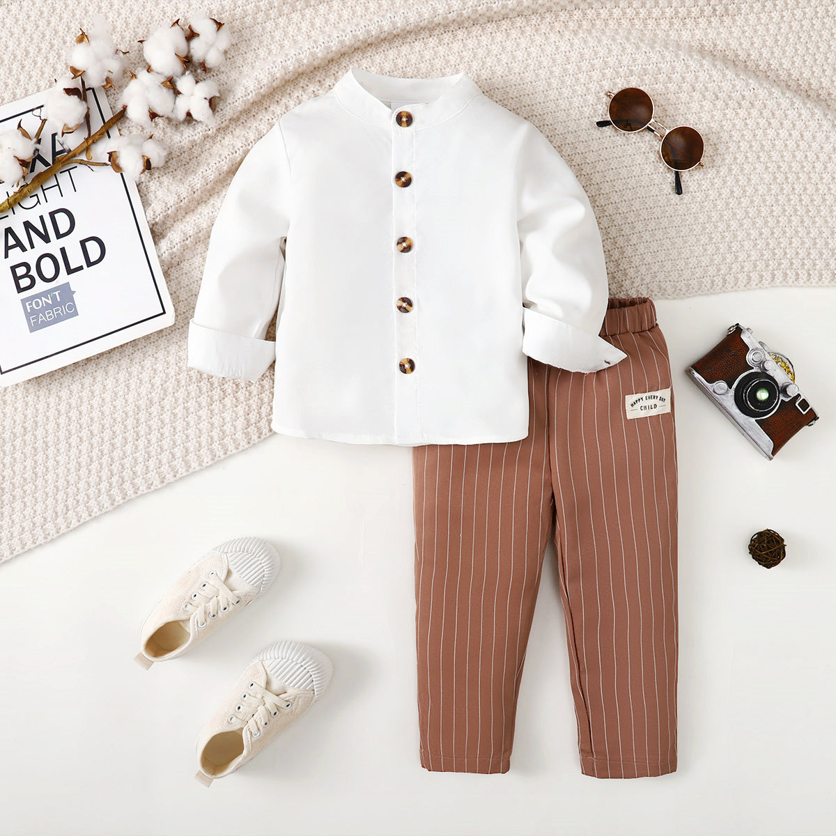 2-piece Toddler Boy Solid Color Stand Up Collar Long Sleeve Shirt & Matching Suspender Pants