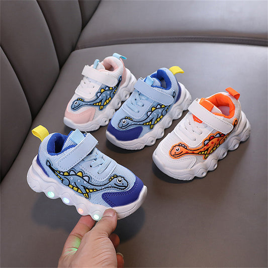 Children's and boys' spring and autumn cute dinosaur baby luminous LED Velcro breathable sports shoes