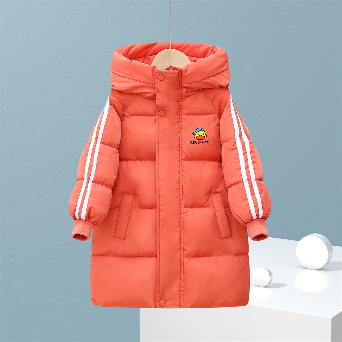 Winter yellow duck cute solid color waterproof warm long down jacket for boys and girls