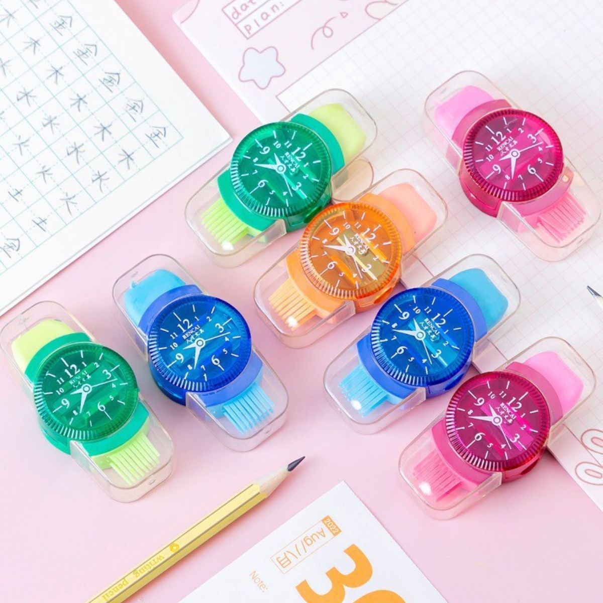 Children's creative watch shape pencil sharpener with eraser cleaning brush three in one multifunctional pencil sharpener for primary school students