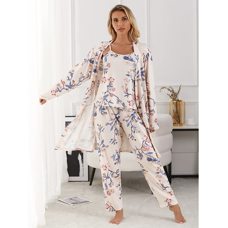 Women's pajamas cotton nightgown suspenders nightdress trousers three-piece home clothes