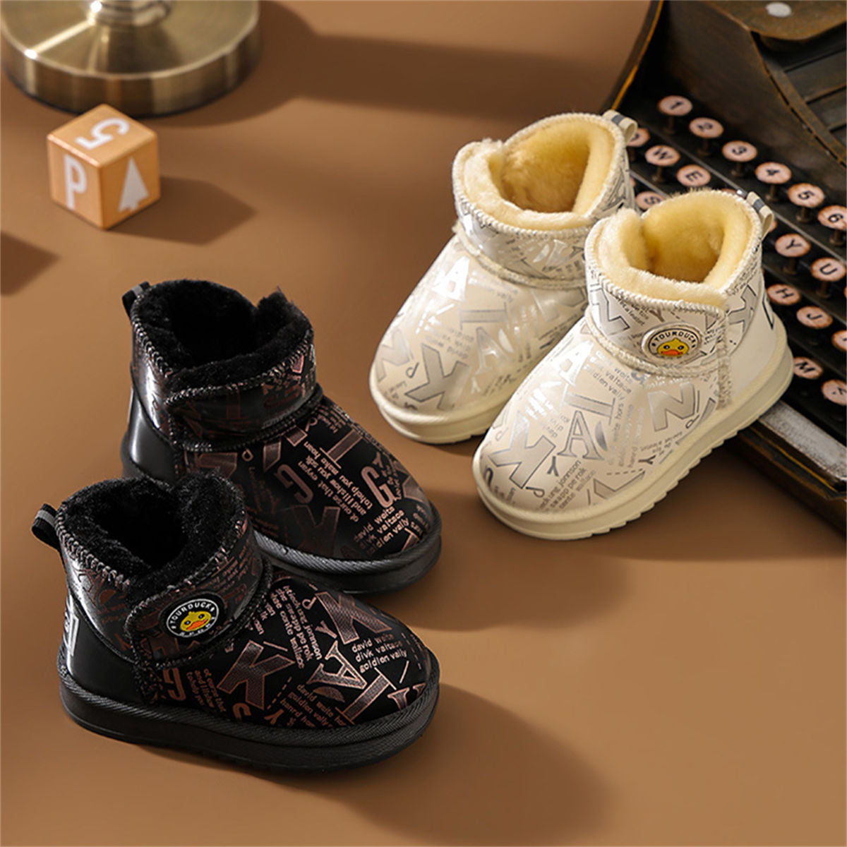 Winter yellow duck printed letter style casual waterproof warm snow boots for boys and girls