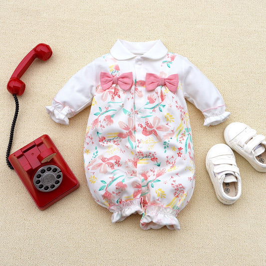 Baby Girl Pure Cotton Lapel Floral Patchwork Bowknot Decor Long-sleeved Long-leg Romper