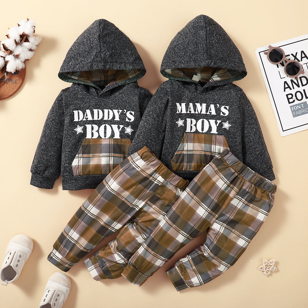 Toddler Boy Letter Pattern Color-block Hoodie & Plaid Print Pants