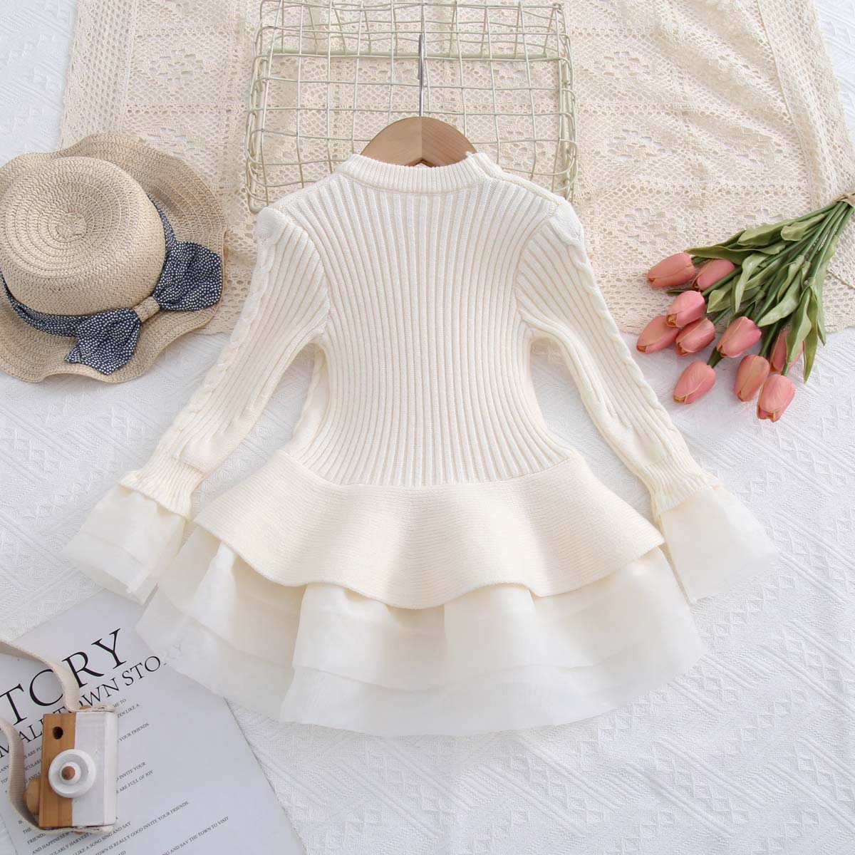 Multicolor Autumn Children's Clothing Knitted Long Sleeve Girls Princess Organza Sweater Dress