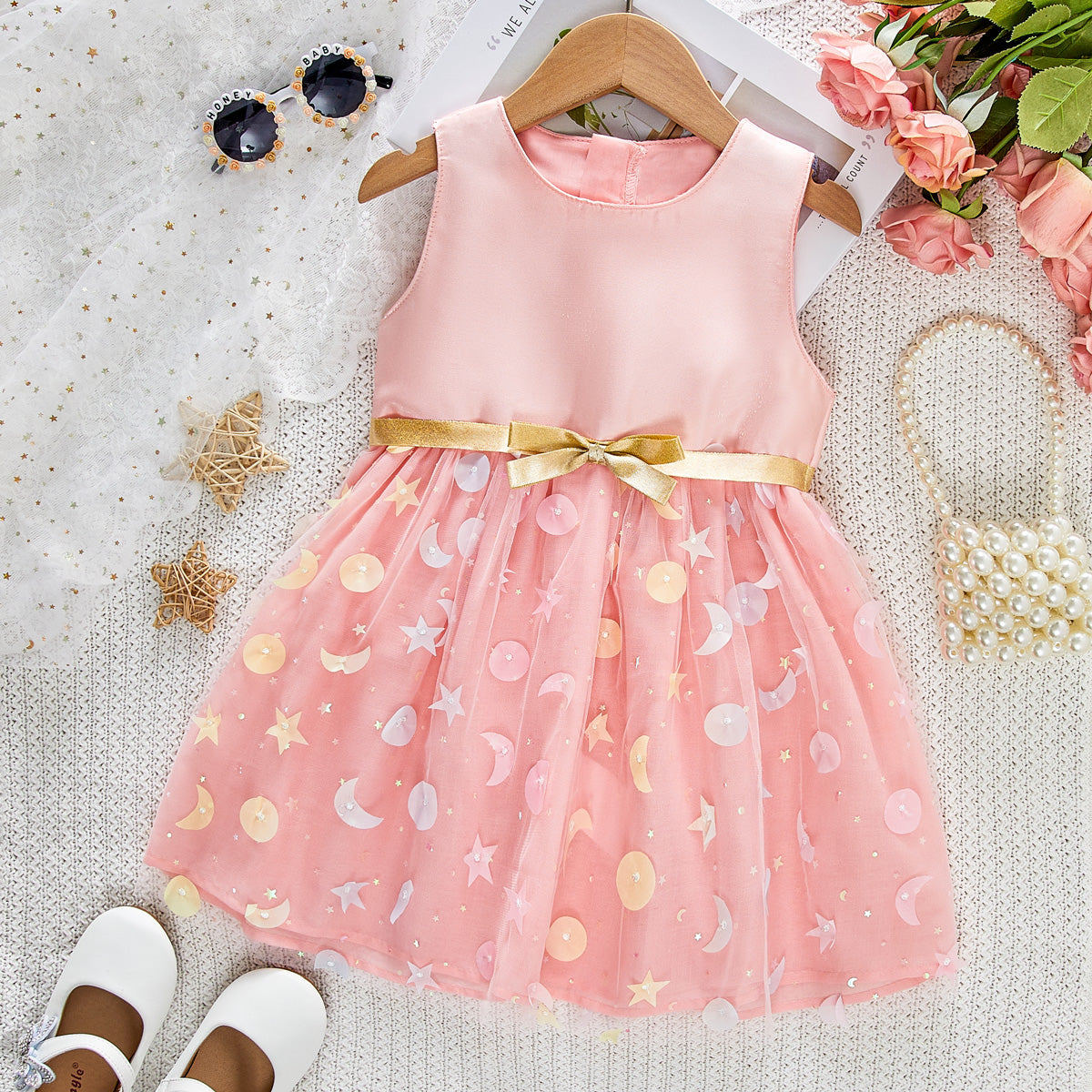 Toddler girl's pink three-dimensional star and moon satin sleeveless dress