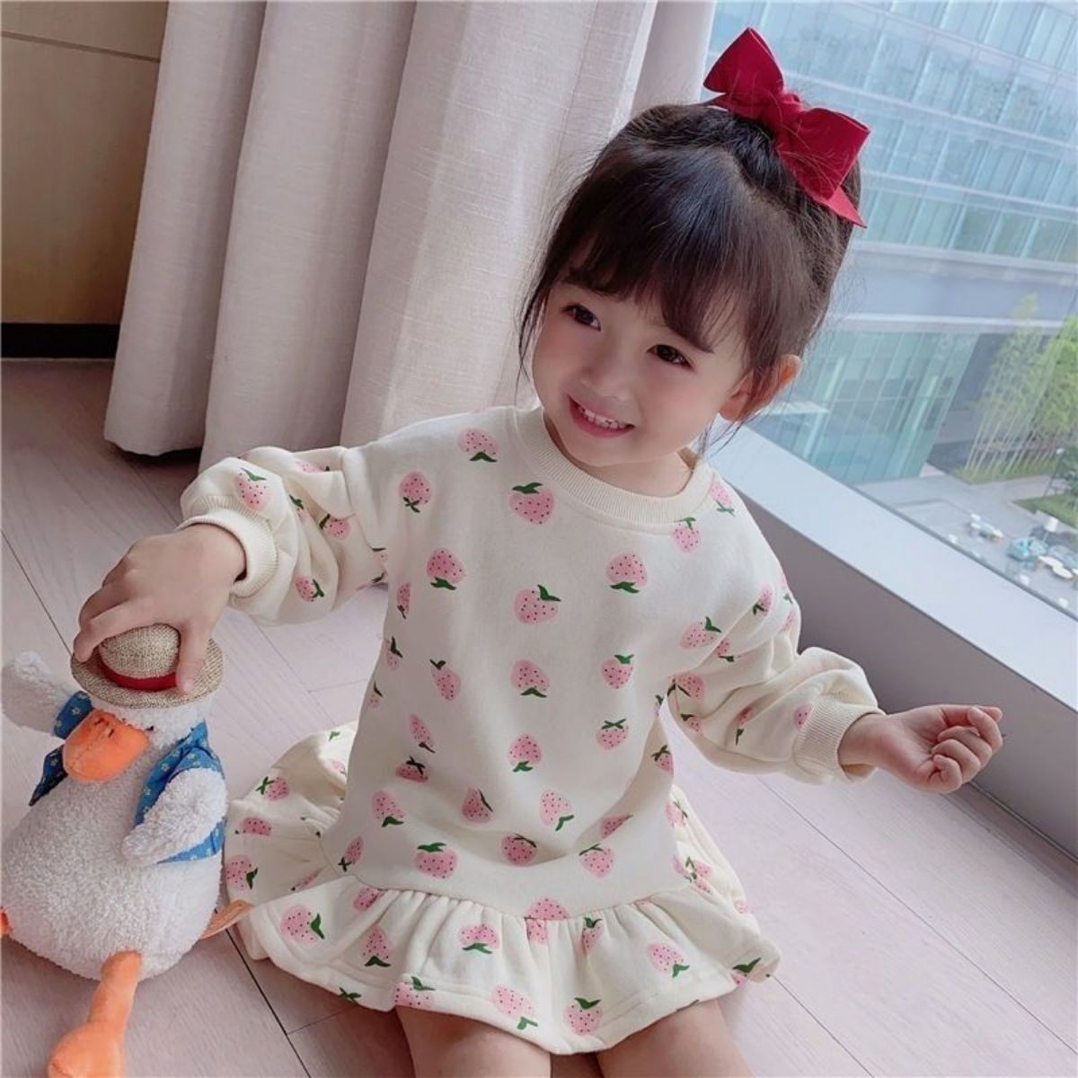 Girls Plush Sweater Dress Autumn and Winter New Children's Clothing Dress Children's Baby Girl Polka Dot Flower Bud Skirt