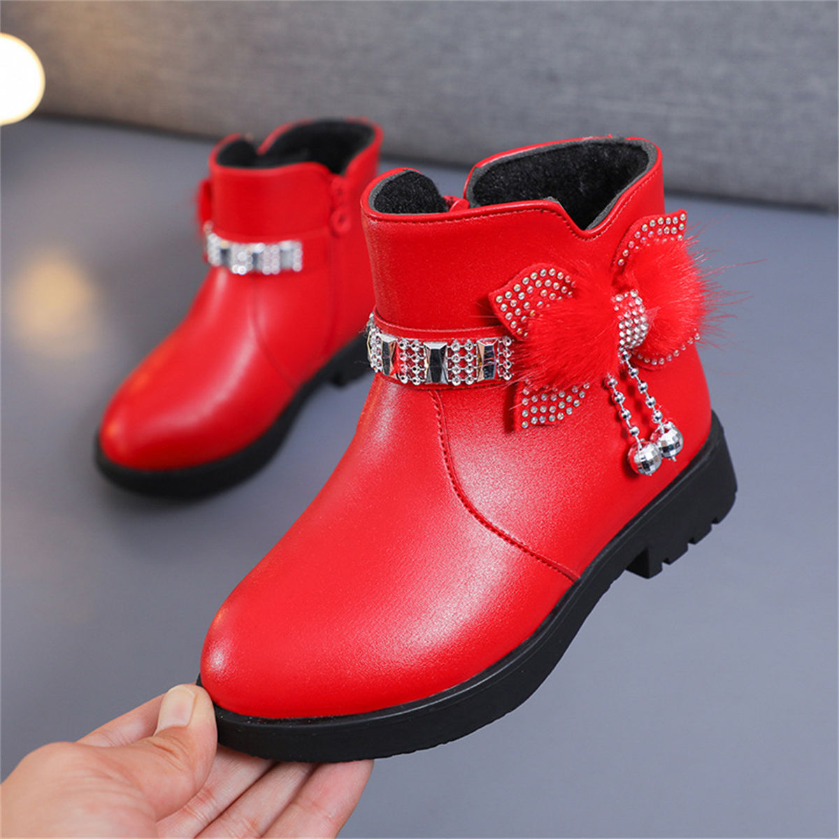 Cute furry and diamond warm waterproof Martin boots for girls in winter