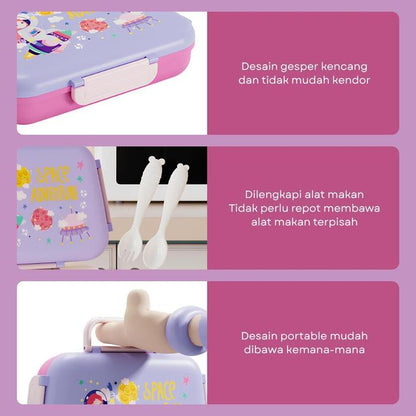 Hibobi Kids 3-Compartment Portable Lunch Box with Handle & Cutlery