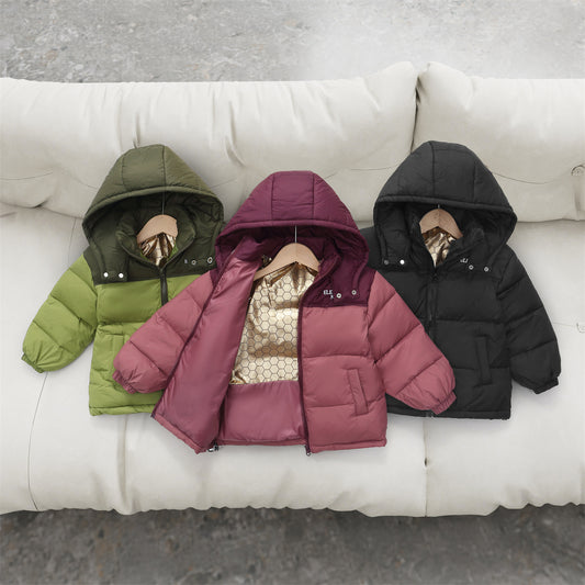 Winter color matching simple waterproof warm hooded short down jacket for middle and large boys and girls