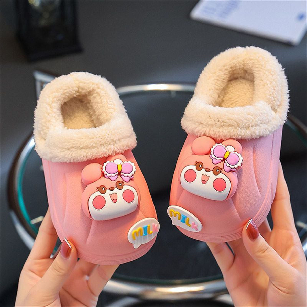 Winter waterproof plush 3D cartoon bear pattern cotton slippers for boys and girls