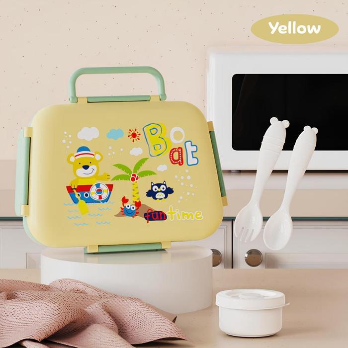 Hibobi Kids 3-Compartment Portable Lunch Box with Handle & Cutlery