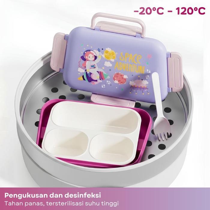 Hibobi Kids 3-Compartment Portable Lunch Box with Handle & Cutlery
