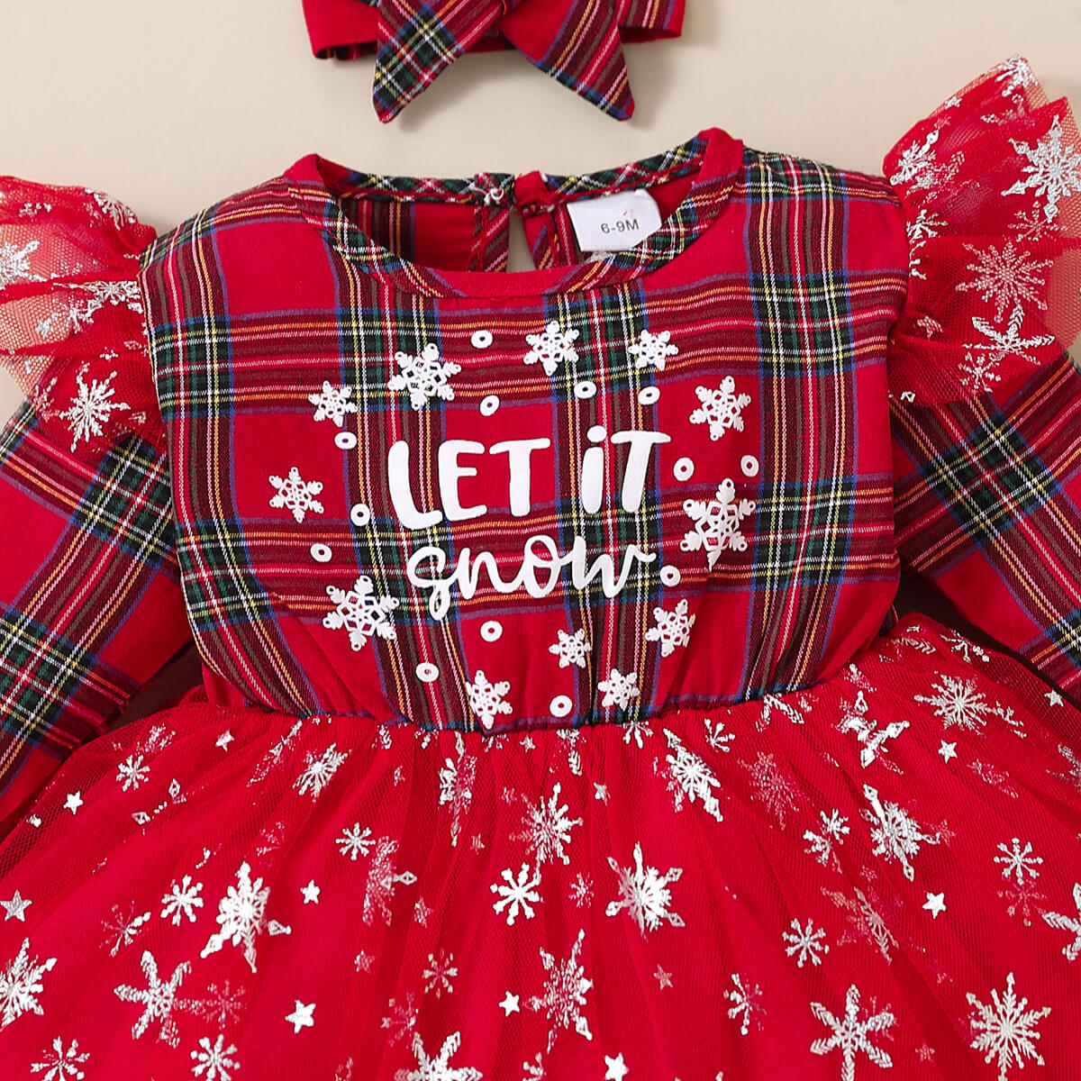 2-piece Baby Girl Christmas Plaid Letter Printed Allover Star Decor Mesh Patchwork Long Fly Sleeve Dress & Plaid Bowknot Headwrap