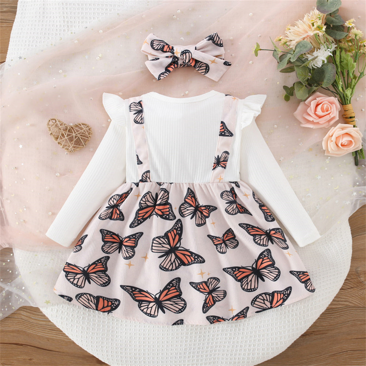 Fall New Round Neck Fly Sleeve Printed Butterfly False Two Piece Dress With Headband