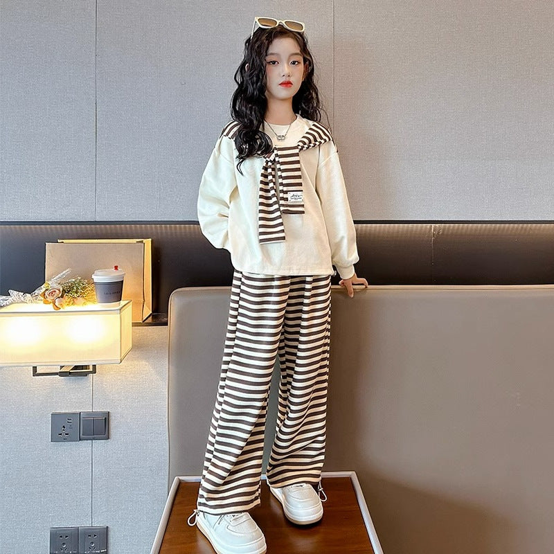 Big Kids Spring and Autumn New Temperament Shawl Tops and Trousers Striped Two-piece Set