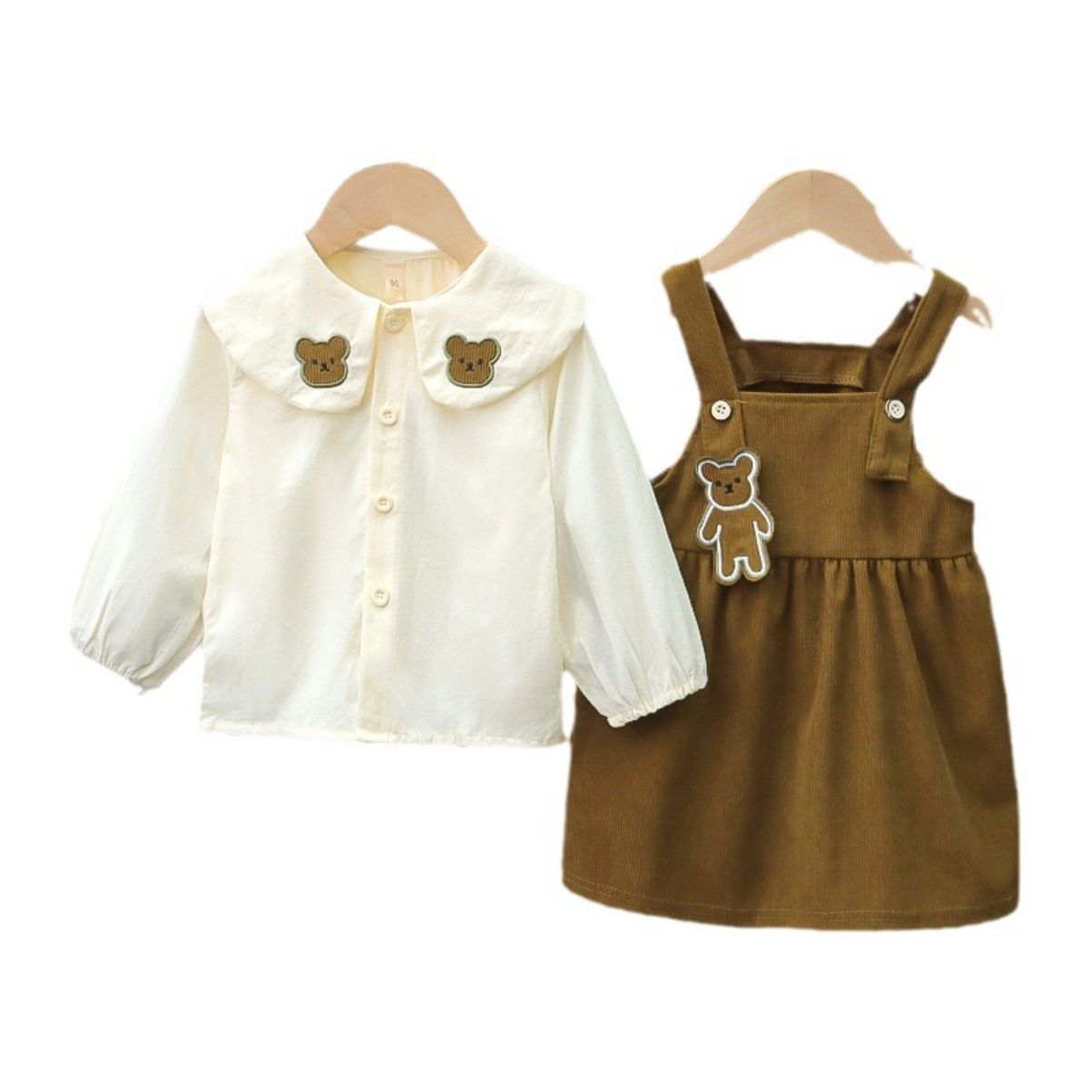 Girls Spring and Autumn Shirt Suspender Skirt 2-piece Set Cute Baby Girl Bear Suit Skirt Student Princess A-line Skirt